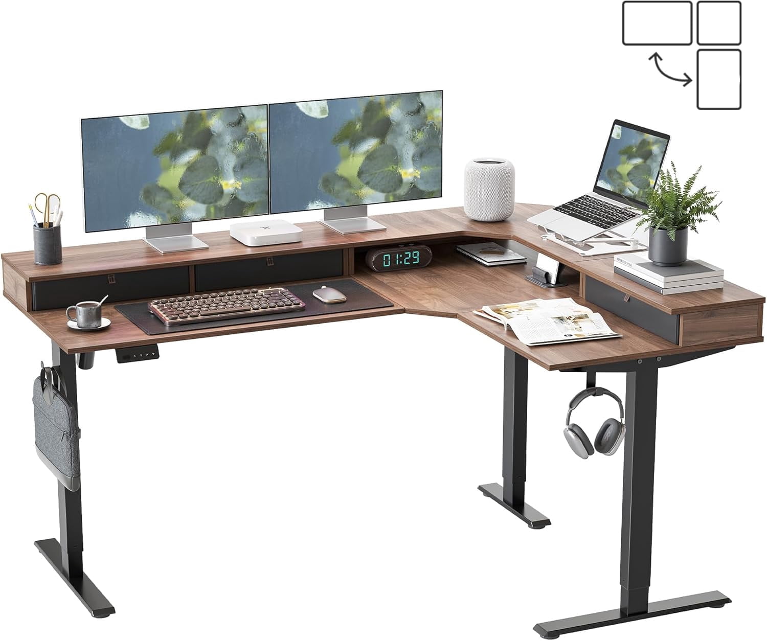 DESINO L Shaped Standing Desk, 63 inch Electric Height Adjustable Home Office Desk with Drawers, Large Ergonomic Computer Desk with Reversible Tabletop, 2 Memory Height Settings, Black Walnut