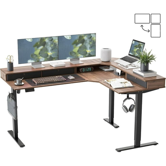 DESINO L Shaped Standing Desk, 63 inch Electric Height Adjustable Home Office Desk with Drawers, Large Ergonomic Computer Desk with Reversible Tabletop, 2 Memory Height Settings, Black Walnut