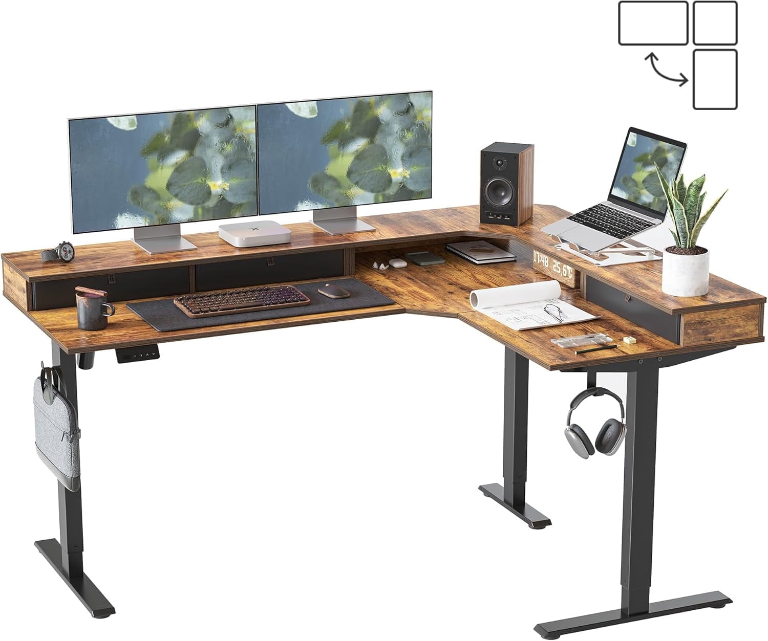 DESINO L Shaped Standing Desk, 63 inch Electric Height Adjustable Home Office Desk with Drawers, Large Ergonomic Computer Desk with Reversible Tabletop, 2 Memory Height Settings, Rustic Brown