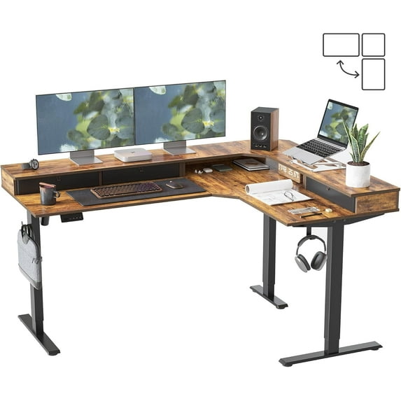 DESINO L Shaped Standing Desk, 63 inch Electric Height Adjustable Home Office Desk with Drawers, Large Ergonomic Computer Desk with Reversible Tabletop, 2 Memory Height Settings, Rustic Brown