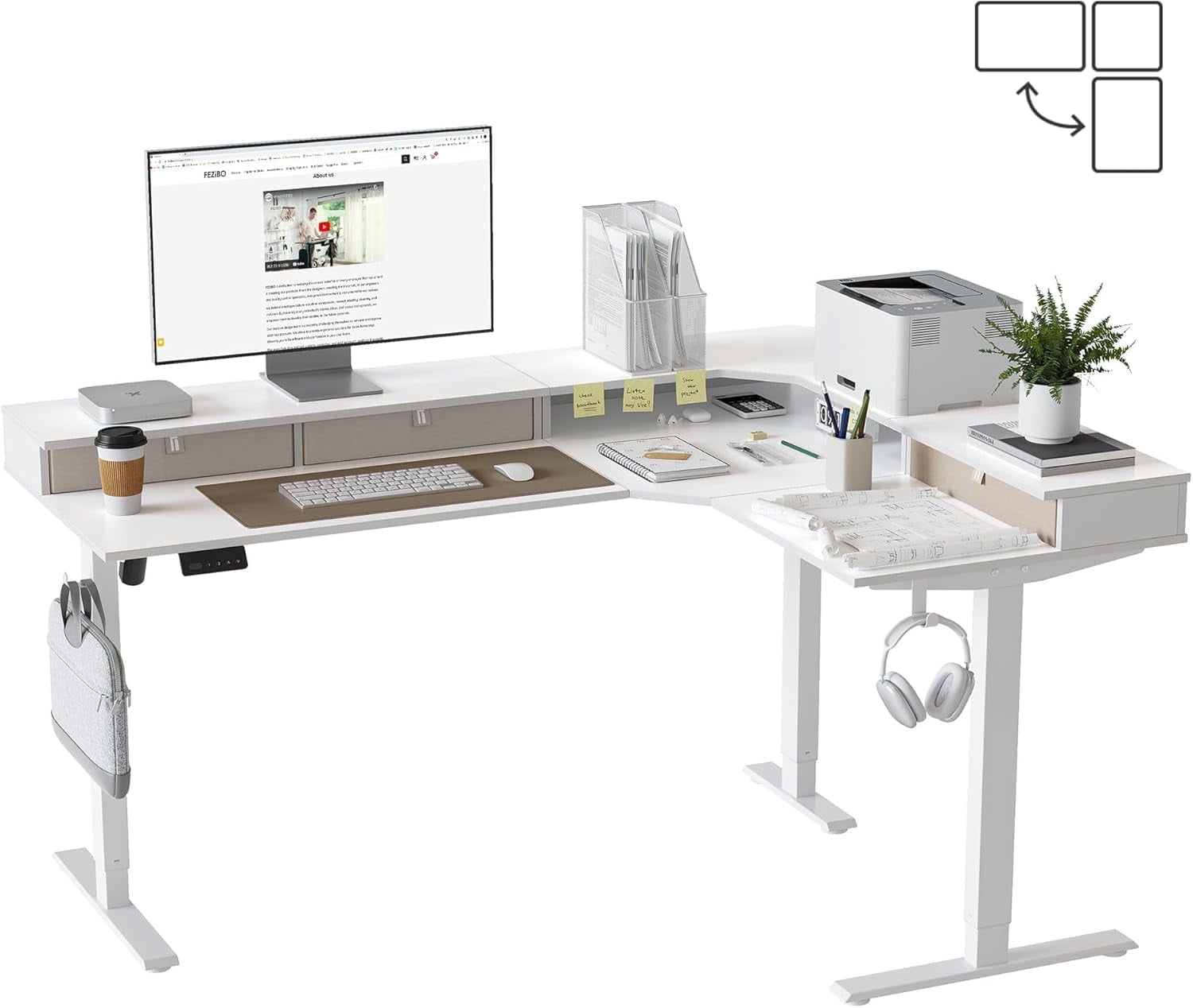 DESINO L Shaped Standing Desk, 63 inch Electric Height Adjustable Home Office Desk with Drawers, Large Ergonomic Computer Desk with Reversible Tabletop, 2 Memory Height Settings, White