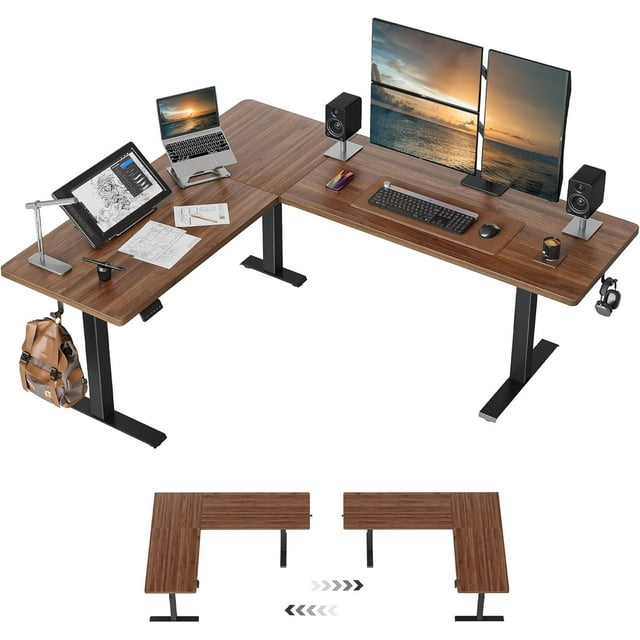 DESINO L-Shaped Standing Desk Adjustable Height, 63 Inch Electric Stand up Corner Computer Desk, Sit Stand Home Office Desk with Splice Board, Light Rustic Brown