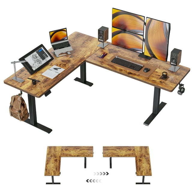DESINO L-Shaped Standing Desk Adjustable Height, 63 Inch Electric Stand up Corner Computer Desk, Sit Stand Home Office Desk with Splice Board, Rustic Brown