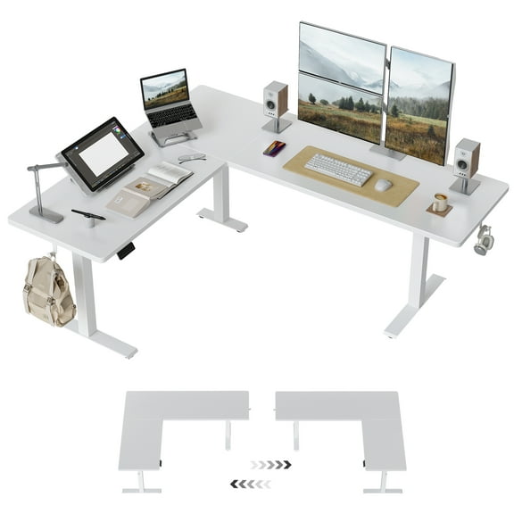 DESINO L-Shaped Standing Desk Adjustable Height, 63 Inch Electric Stand up Corner Computer Desk, Sit Stand Home Office Desk with Splice Board, White