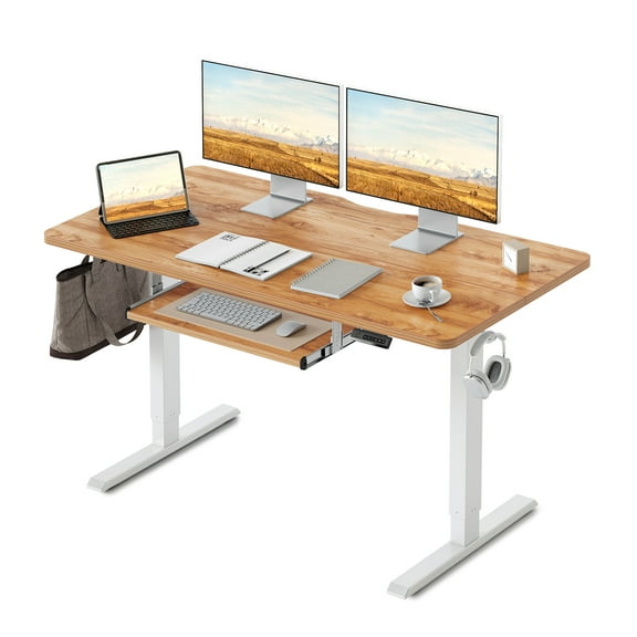 DESINO Standing Desk with Keyboard Tray, 55 x 24 inch Height Adjustable Electric Standing Desk, Sit Stand Up Desk, Computer Office Desk, Light Rustic Brown