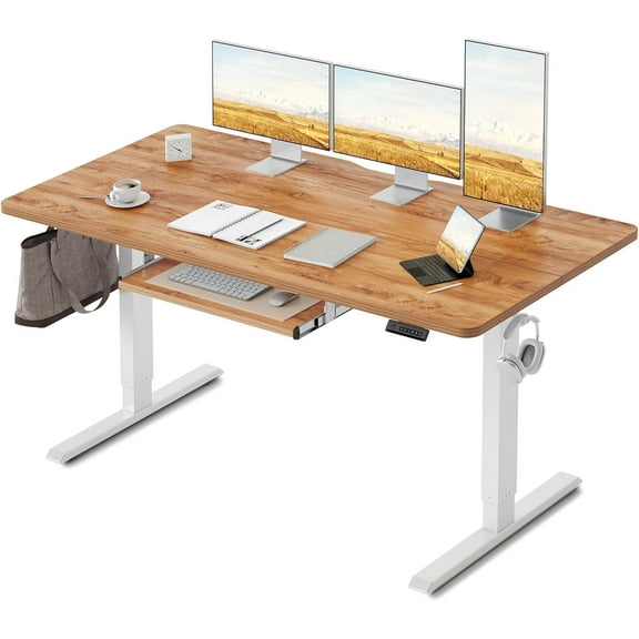 DESINO Standing Desk with Keyboard Tray, 63 x 24 inch Height Adjustable Electric Standing Desk, Sit Stand Up Desk, Computer Office Desk, Light Rustic Brown