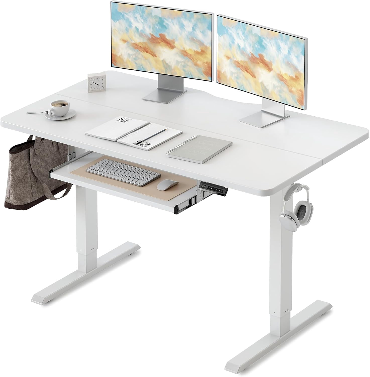 DESINO Standing Desk with Keyboard Tray, 48 x 24 inch Height Adjustable Electric Standing Desk, Sit Stand Up Desk, Computer Office Desk, White