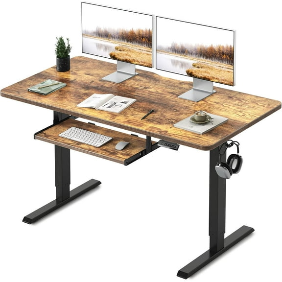 DESINO Standing Desk with Keyboard Tray, 55 x 24 inch Height Adjustable Electric Standing Desk, Sit Stand Up Desk, Computer Office Desk, Rustic Brown