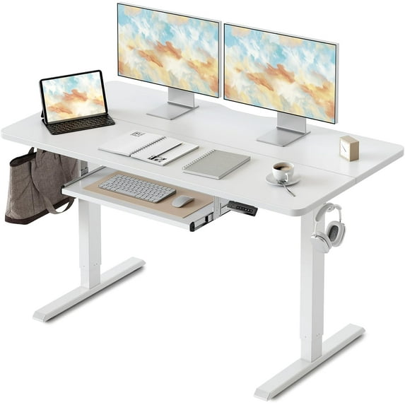 DESINO Standing Desk with Keyboard Tray, 55 x 24 inch Height Adjustable Electric Standing Desk, Sit Stand Up Desk, Computer Office Desk, White