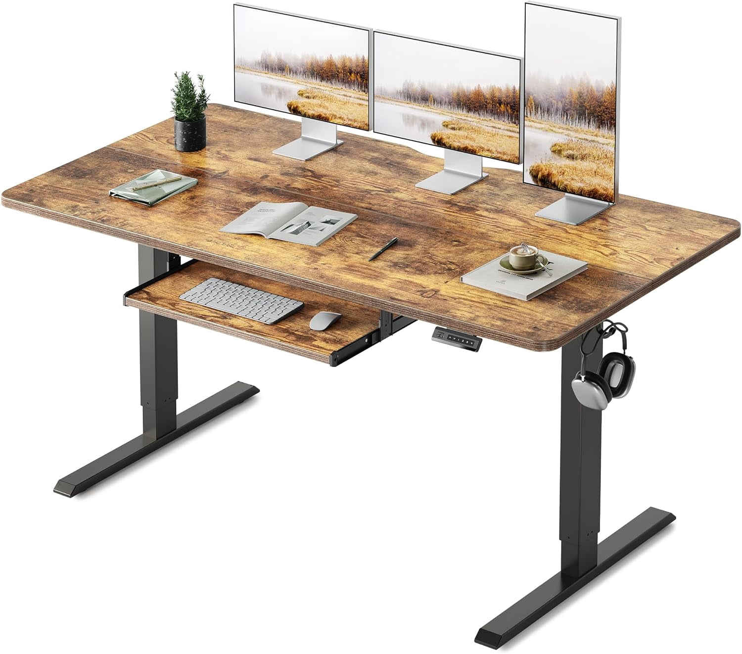 DESINO Standing Desk with Keyboard Tray, 63 x 24 inch Height Adjustable Electric Standing Desk, Sit Stand Up Desk, Computer Office Desk, Rustic Brown