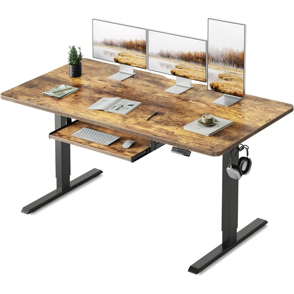DESINO Standing Desk with Keyboard Tray, 63 x 24 inch Height Adjustable Electric Standing Desk, Sit Stand Up Desk, Computer Office Desk, Rustic Brown