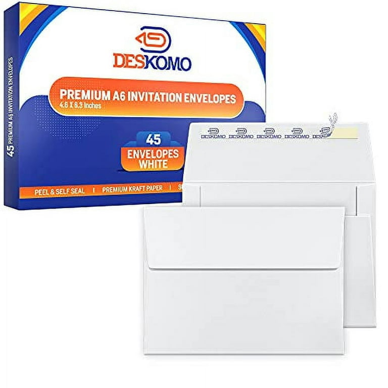DESKOMO A6 4x6 Envelopes, Pack of 45 Mailing Envelopes Self Seal, Printable  White Envelopes for 4x6 Cards, Weddings, Invitations, Postcards, Photos and  Announcements 