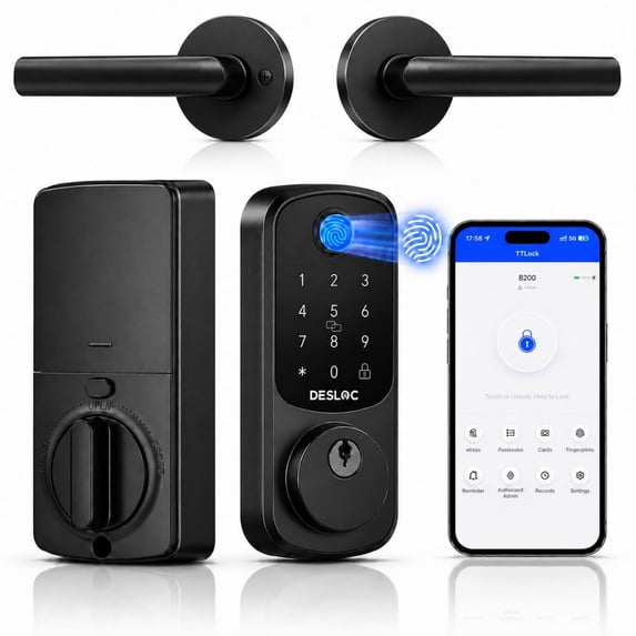 DESLOC B200 Black Smart Fingerprint Door Lock with Lever Handles ...