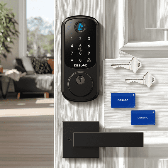 DESLOC B200 Fingerprint Smart Door Lock with 2 Lever Handles, App Control, Smart Locks for Front Door, Deadbolt Smart Lock, Electronic Keypad Deadbolt Lock, Emergency Power Port, 12 Months Battery