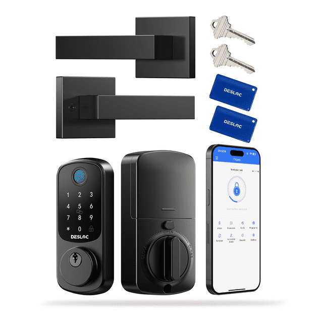 DESLOC B200 Fingerprint Smart Door Lock with 2 Lever Handles, App Control, Smart Locks for Front Door, Deadbolt Smart Lock, Electronic Keypad Deadbolt Lock, Emergency Power Port, 12 Months Battery