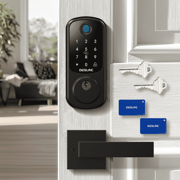 DESLOC B200 Fingerprint Smart Door Lock with 2 Lever Handles, App Control, Smart Locks for Front Door, Deadbolt Smart Lock, Electronic Keypad Deadbolt Lock, Emergency Power Port, 12 Months Battery