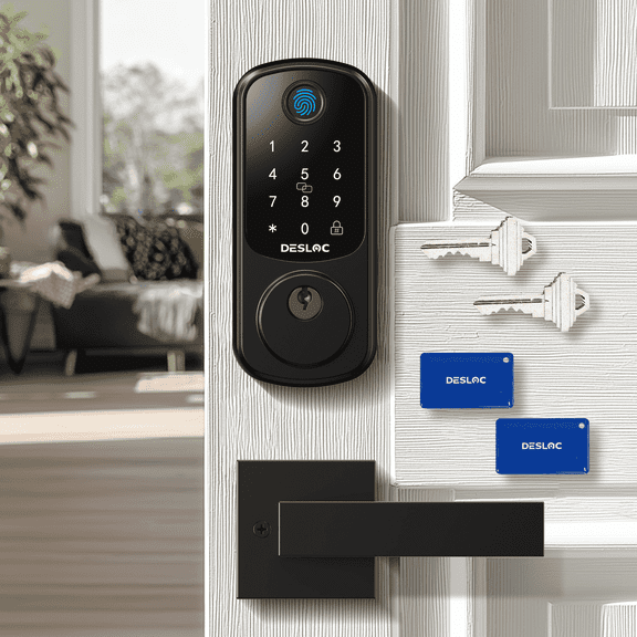 DESLOC B200 Fingerprint Smart Door Lock with 2 Lever Handles, App Control, Smart Locks for Front Door, Deadbolt Smart Lock, Electronic Keypad Deadbolt Lock, Emergency Power Port, 12 Months Battery