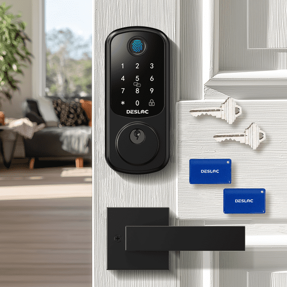DESLOC B200 Fingerprint Smart Door Lock with 2 Lever Handles, App Control, Smart Locks for Front Door, Deadbolt Smart Lock, Electronic Keypad Deadbolt Lock, Emergency Power Port, 12 Months Battery