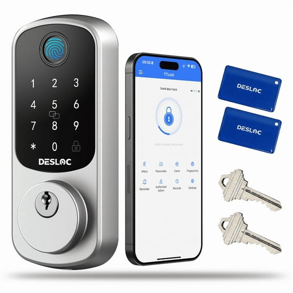 DESLOC B200 Fingerprint Smart Door Lock, Keyless Entry Door Lock, App Control, Smart Locks for Front Door, Smart Deadbolt Lock, Touchscreen Keypad, Emergency Power Port, Silver