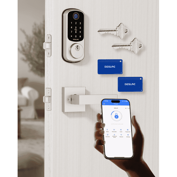 DESLOC B200 Fingerprint Smart Lock with 2 Lever Handles, Keyless Entry Front Door Lock Set, Electronic Keypad Deadbolt, App Control, Auto Lock, Long Battery Life, Silver