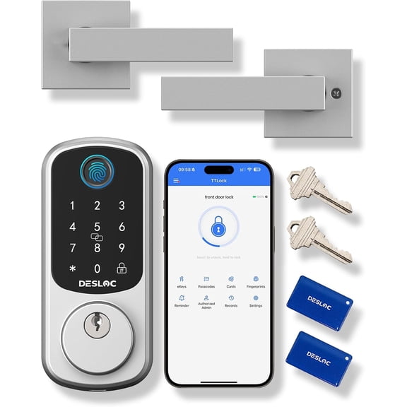 DESLOC B200 Fingerprint Smart Lock with 2 Lever Handles, Keyless Entry Front Door Lock Set, Electronic Keypad Deadbolt, App Control, Auto Lock, Long Battery Life, Silver