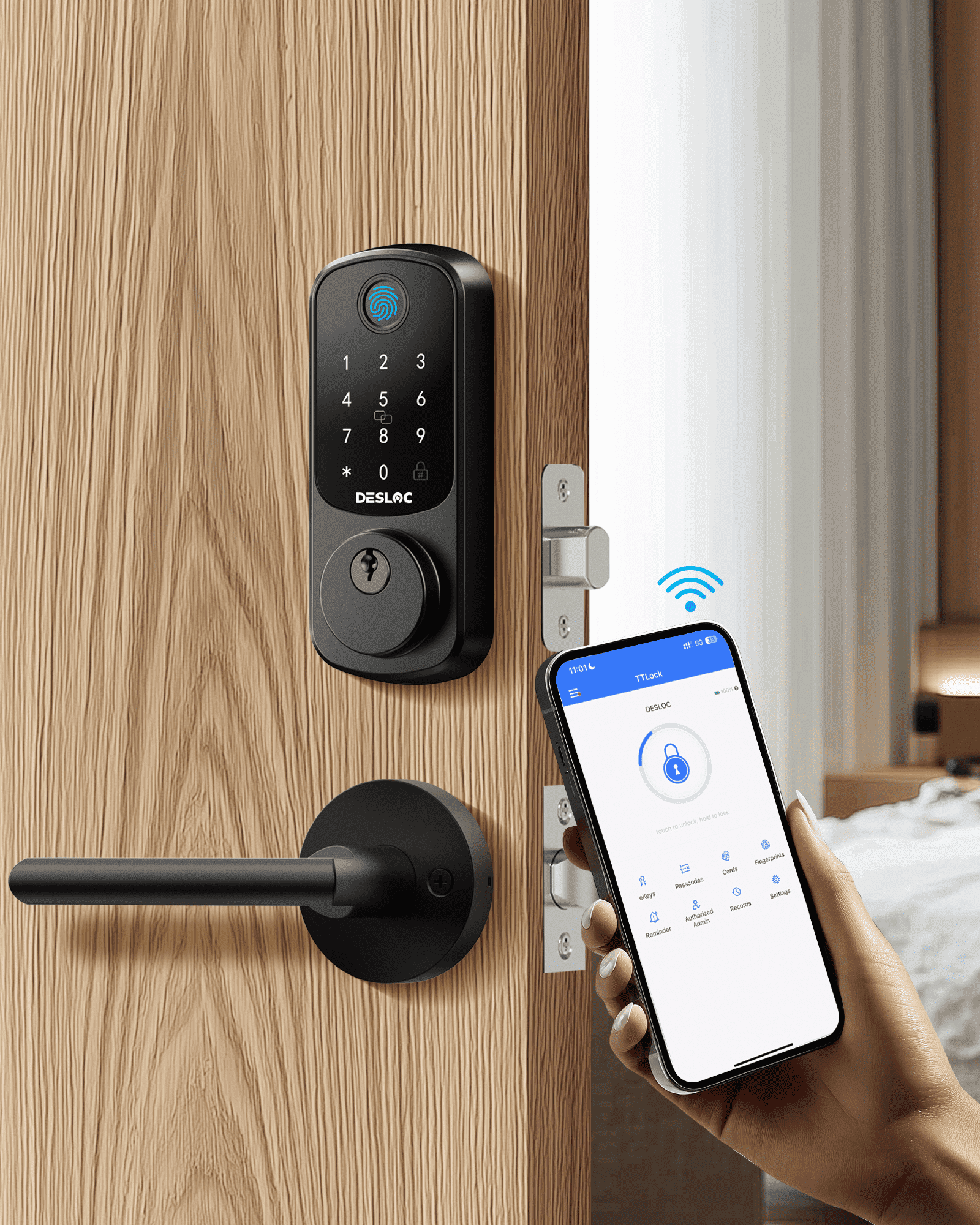 DESLOC B200-L2-B Fingerprint Smart Door Lock with 2 Lever Handles, App ...