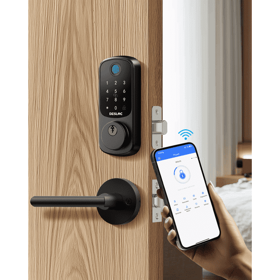 DESLOC B200-L2-B Fingerprint Smart Door Lock with 2 Lever Handles, App Control, Smart Locks for Front Door, Deadbolt Smart Lock, Electronic Keypad Deadbolt Lock,Black