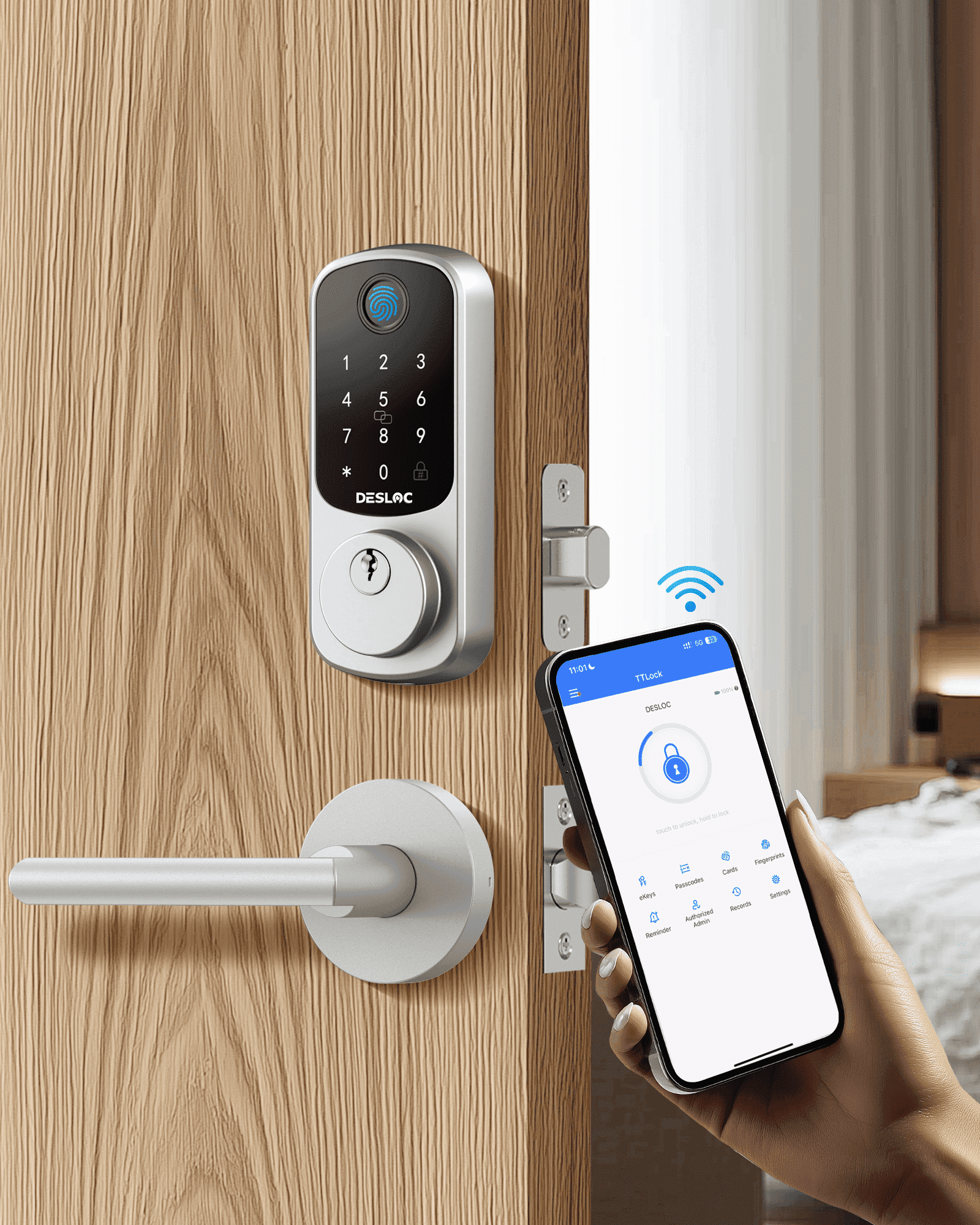 DESLOC B200-L2-S Fingerprint Smart Door Lock with 2 Lever Handles, App ...