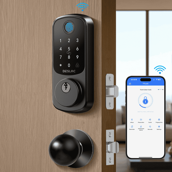 DESLOC B200 Black Smart Door Knob Lock, Fingerprint Keyless Entry Door Knob with App Control, Alexa and Google Compatible, Auto Lock, Easy Installation, for Front Door