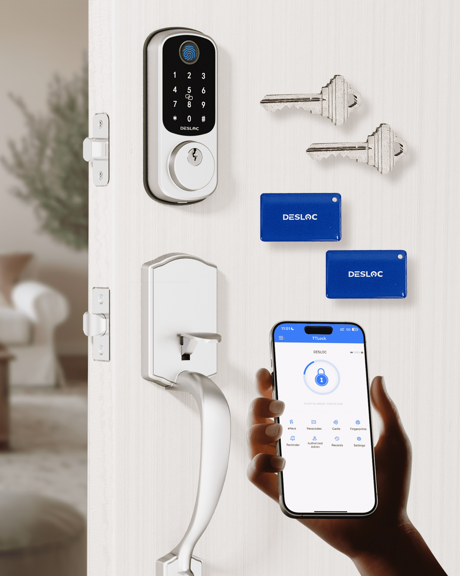 DESLOC B200 Silver Keyless Entry Door Lock with Handle Set, Smart Locks ...
