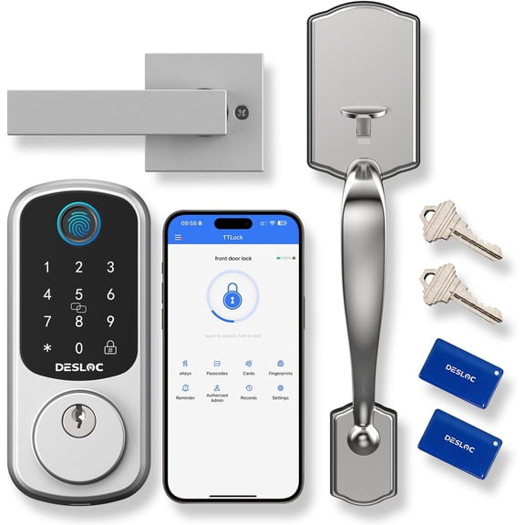 DESLOC B200 Silver Keyless Entry Door Lock with Handle Set, Smart Locks for Front Door, Deadbolt Smart Lock, Front Door Lock Set, Electronic Keypad Deadbolt with Handle, 12 Months Battery, IP54