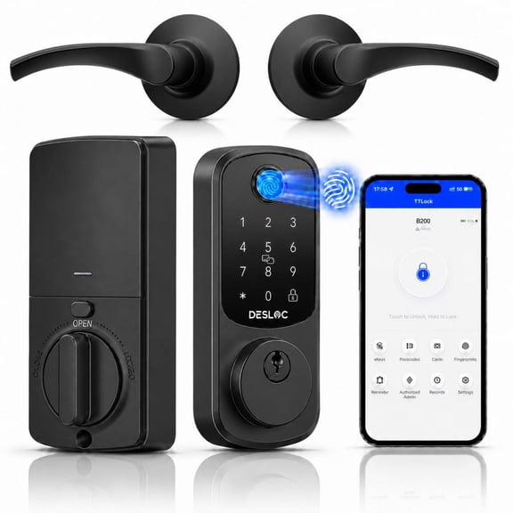 DESLOC B200 Smart Lock with Wave Handle, Fingerprint Keyless Entry Door Lock with Keypad Deadbolt, Bluetooth App Control, Electronic Door Lock for Front Door, Black