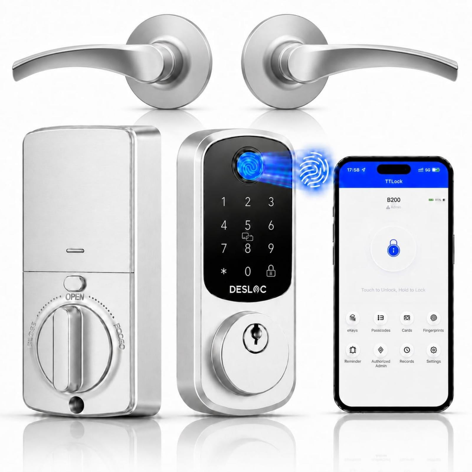 Machine Door Lock Key DESLOC B200 Smart Lock with Wave Handle, Fingerprint Keyless Entry Door ...