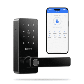 DESLOC B200L Fingerprint Smart Lock with Handle, Keyless Entry Door Locks, App Control, Touchscreen Keypad, 100 PIN Codes, Auto-Lock, 12-Month Battery, Emergency Power Port, IP54 Black