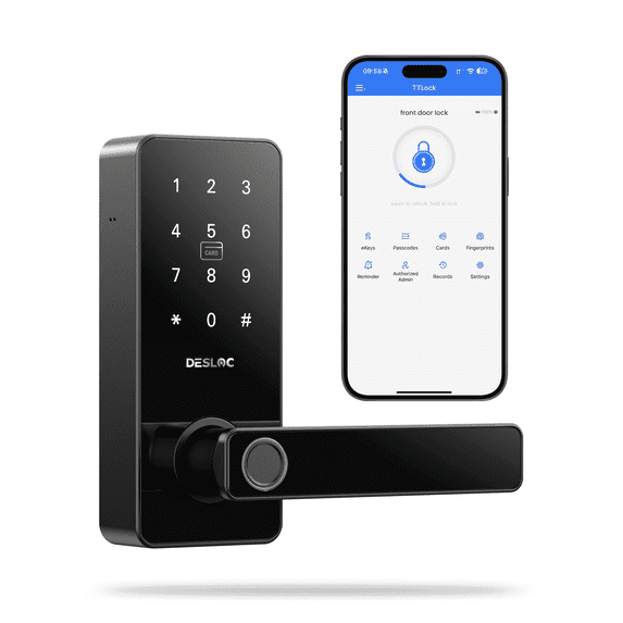 DESLOC B200L Fingerprint Smart Lock with Handle, Keyless Entry Door Locks, App Control, Touchscreen Keypad, 100 PIN Codes, Auto-Lock, 12-Month Battery, Emergency Power Port, IP54 Black