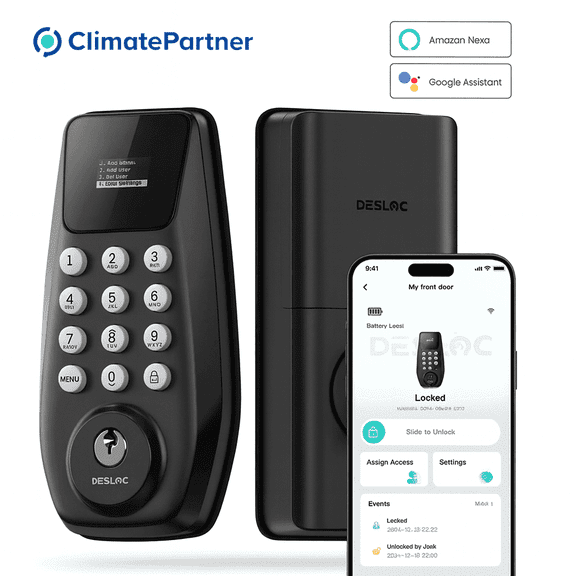 DESLOC C100 Plus -W Smart Keyless Deadbolt – Up to 100 PIN Codes, IP54 Waterproof, BHMA Grade 3, Black