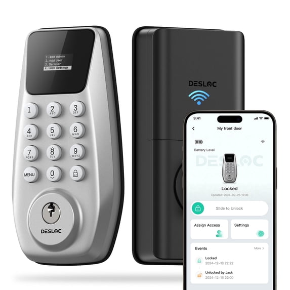 DESLOC C100 Plus-W Keypad Deadbolt Lock with Display, Keyless Entry, Auto Lock, 100 PIN Codes, IP54, BHMA Grade 3, 12 Month Battery, Silver