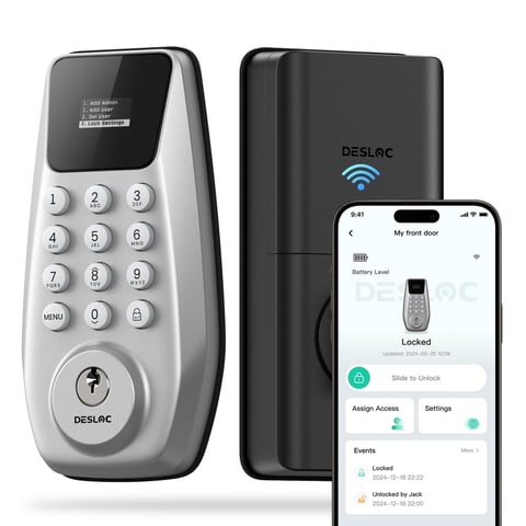 DESLOC C100 Plus-W Silver Keyless Entry Keypad Deadbolt Lock with Display Screen, Auto Lock, 100 PIN Codes, Passage Mode, IP54, BHMA Grade 3, 12 Months Battery