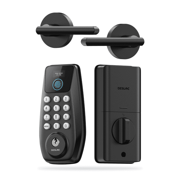DESLOC Smart Door Lock with Lever Set and Touchscreen, Keyless Entry Door Lock with 100 Fingerprints Storage, Keypad Deadbolt for Front Door, 12-Month Battery, Easy Installation-Black