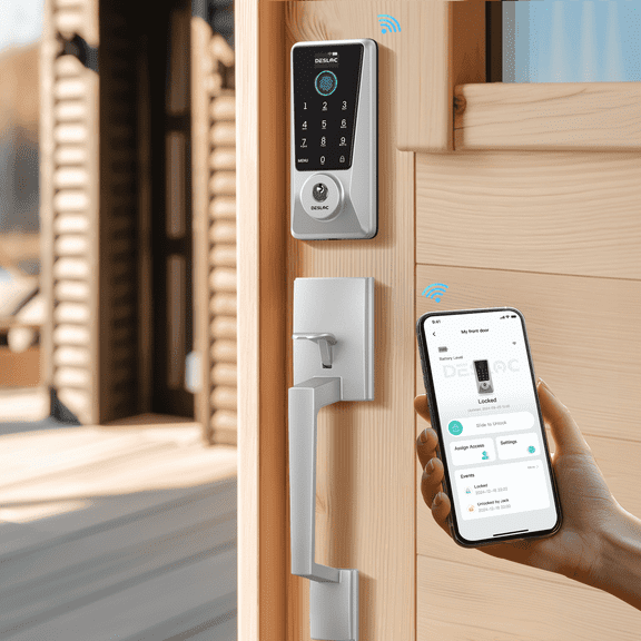 DESLOC D110 Plus WiFi Fingerprint Keypad Door Lock with Handle Set, App Front Door Lock Set with Fingerprint Unlock, Remote Access, Voice Control, Visual Display, Backlit, IP54, Auto-Lock, Silver