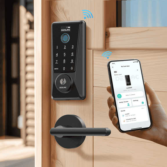 DESLOC D110 Plus WiFi Fingerprint Keypad Lock with Lever Handles, App Fingerprint Door Lock Set with Remote Access, Voice Control, Visual Display, Backlit, BHMA Grade 3, IP54, Auto Lock, Black