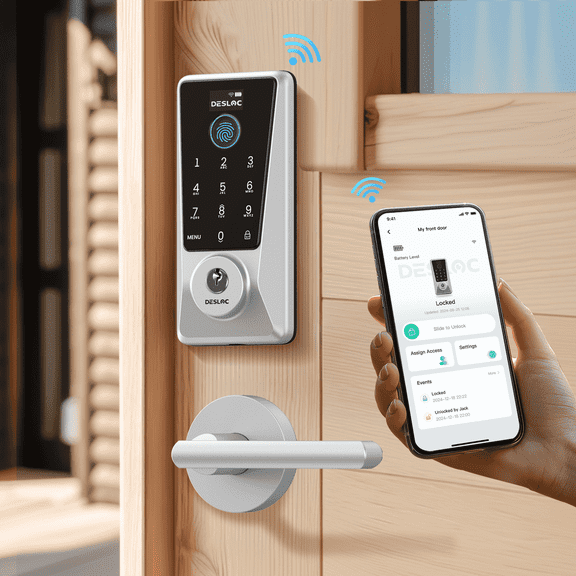 DESLOC Smart Lock D110 Plus, Fingerprint Keyless Entry Door Lock, Built-in Wi-Fi, App Remote Control, Smart Locks for Front Door, Keypad Deadbolt with LockVue Display, IP54, BHMA Grade 3