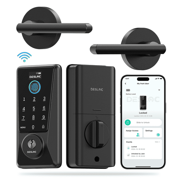 DESLOC D110Plus Black Fingerprint Door Lock Set with Lever Handles, Keypad, Remote Access Smart Lock
