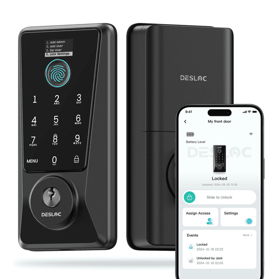 DESLOC D110 Plus Smart Deadbolt Lock with Built-In WiFi, Fingerprint & App Control, Keyless Entry Door Lock, Easy Install, Black