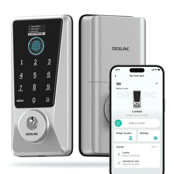 DESLOC Smart Lock D110 Plus, Deadbolt Smart Lock with Built-In WiFi, App Control, Fingerprint Entry,Keyless Lock For Front Door,IP54, BHMA Grade 3, Silver