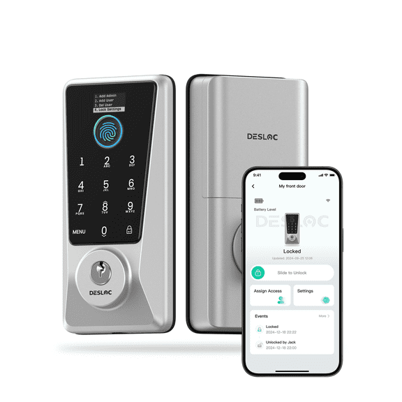 DESLOC Smart Lock D110 Plus, Deadbolt Smart Lock with Built-In WiFi, App Control, Fingerprint Entry,Keyless Lock For Front Door,IP54, BHMA Grade 3, Silver