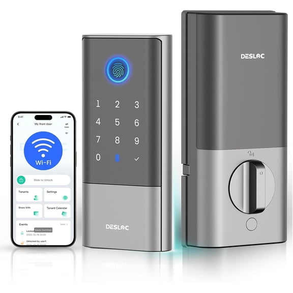 DESLOC K120 Smart Lock with Built-in WiFi, GPT 3D Fingerprint Keyless Entry Door Lock, 15000mAh Rechargeable Battery, IP65 Waterproof BHMA Grade 3 Deadbolt, Silver