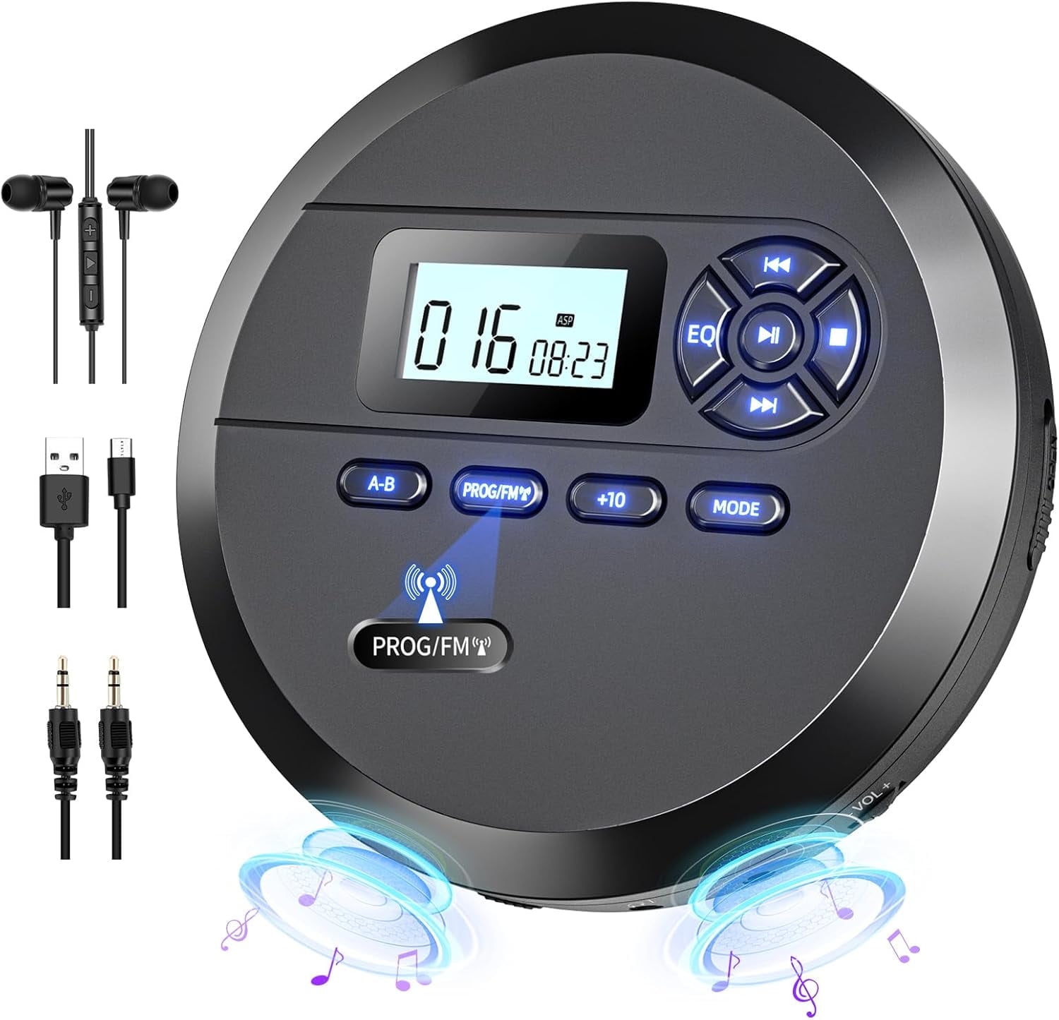 DESOBRY CD Player Portable with Speakers & FM Transmitter, Rechargeable Compact CD Player for Car, Portable CD-Player with LCD Screen, Earphones, AUX Cord
