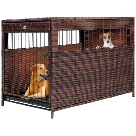 DEStar Heavy Duty PE Rattan Wicker Pet Dog Cage Crate Indoor Outdoor Puppy House Shelter with Removable Tray and UV Resistant Cover (Large - 29" W x 32" H)