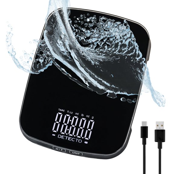 DETECTO Digital Kitchen Scale, Highly Accurate, Compact Glass Platform, Easy-to-Read Display, USB Rechargeable, 22 lb Capacity, Black/White (Black)